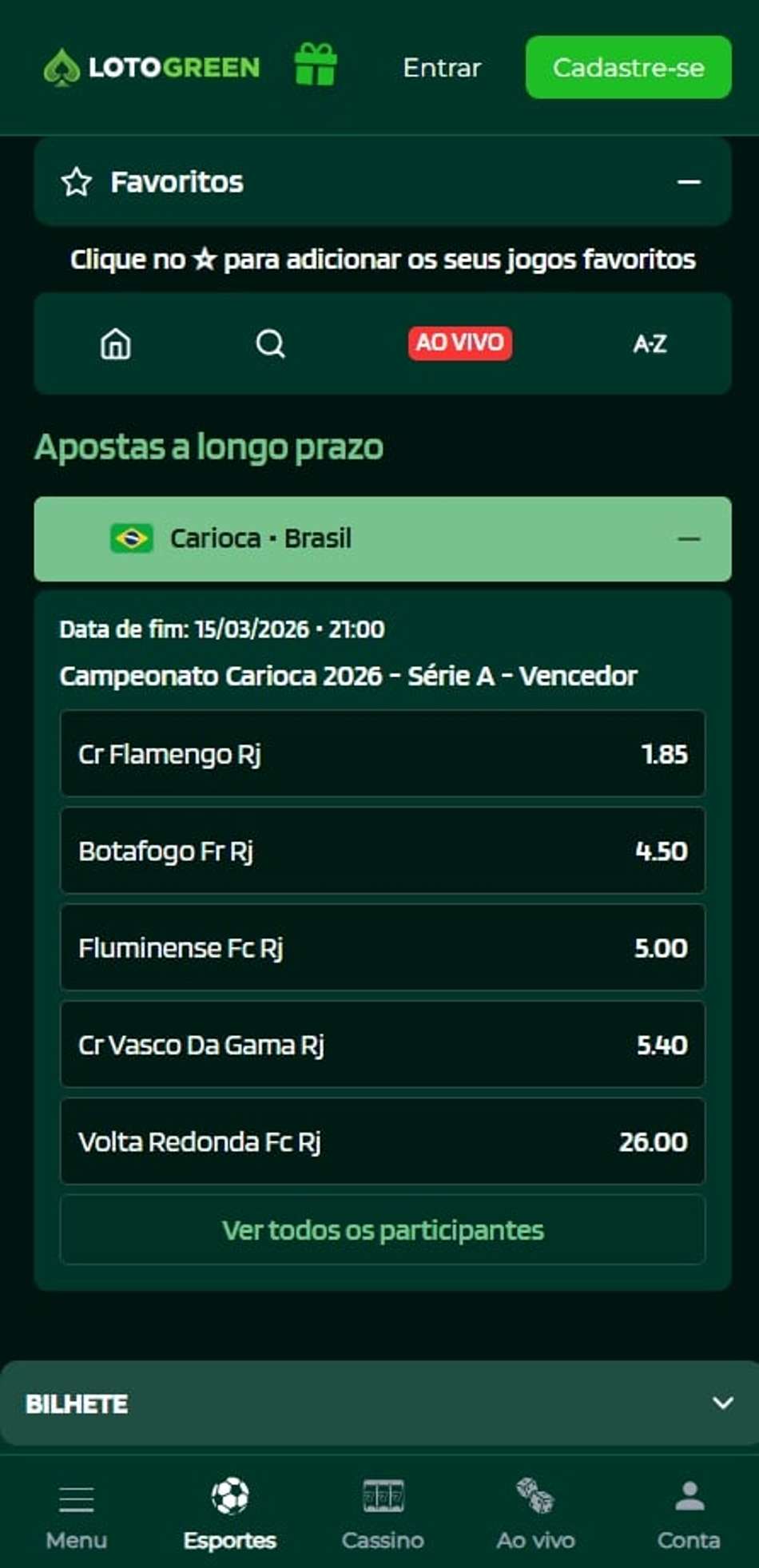 Apostas a longo prazo na Lotogreen no Cariocão 2026