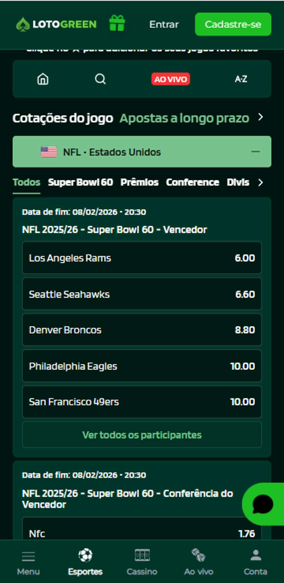 Apostas longo prazo Super Bowl na Lotogreen