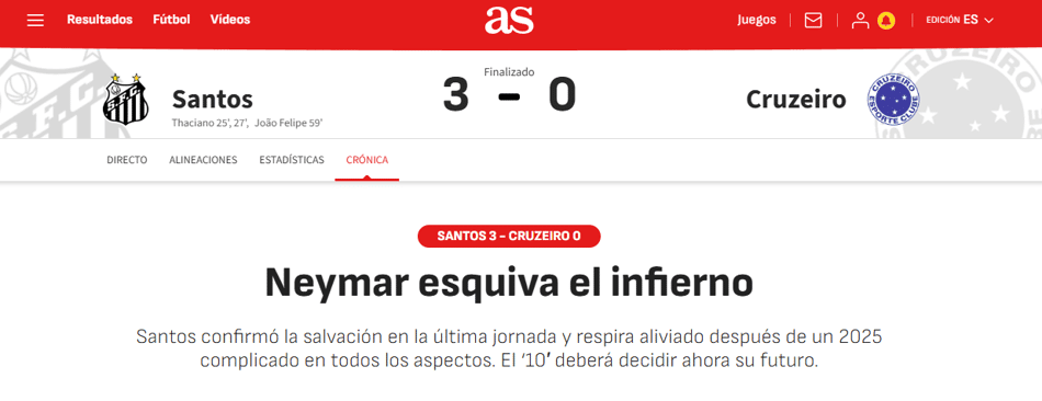 Jornal espanhol "As" analisa permanência do Santos de Neymar na Série A (Foto: Reprodução)