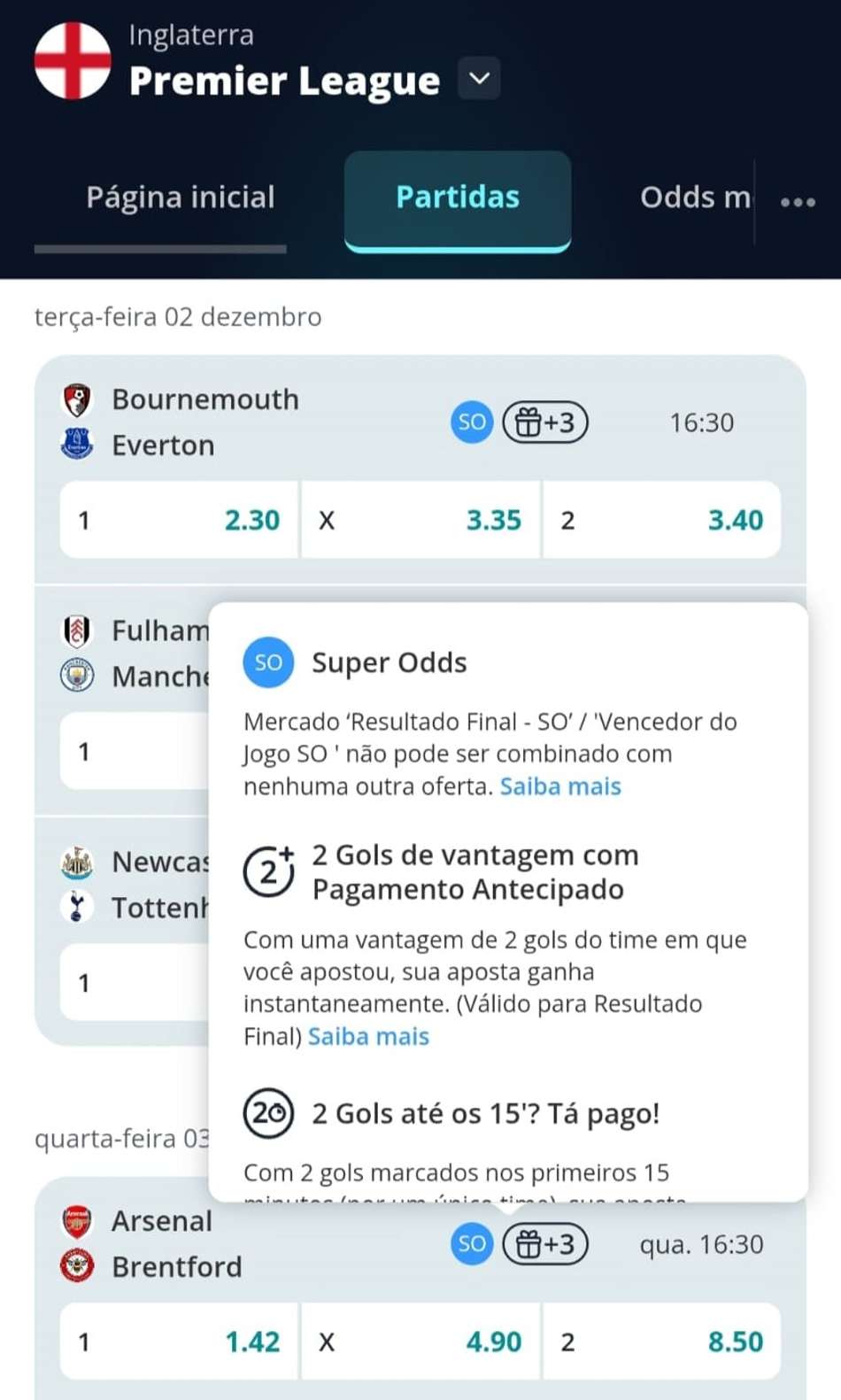 Captura de tela dos jogos da Premier League na Novibet.