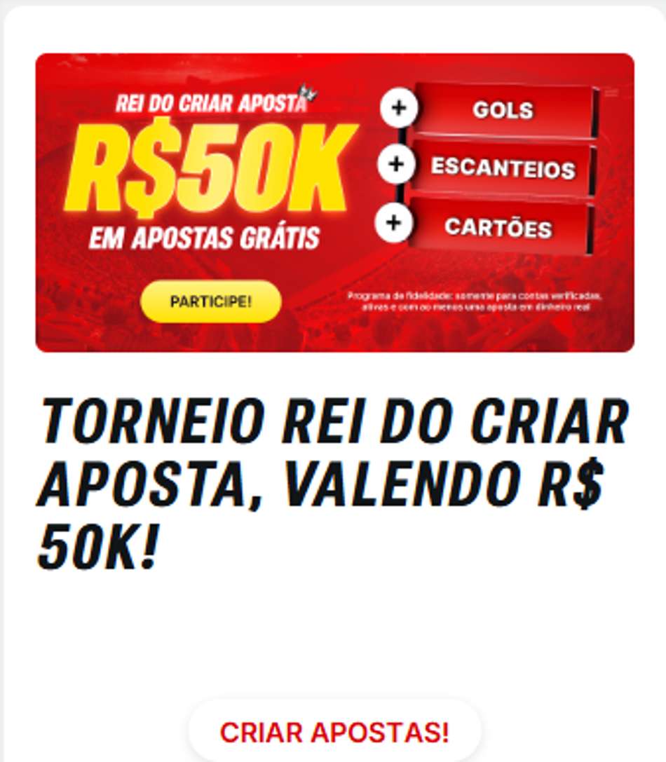Captura de tela com o Torneio Rei do Criar Aposta valendo R$50 mil na Superbet