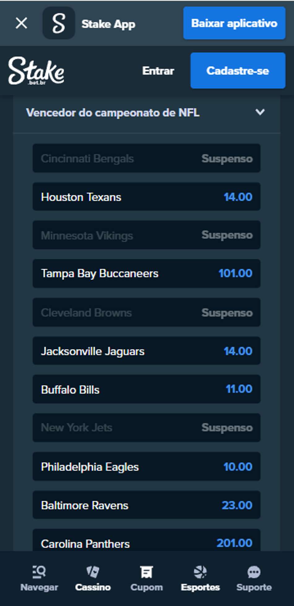 Odds para campeão da NFL na Stake