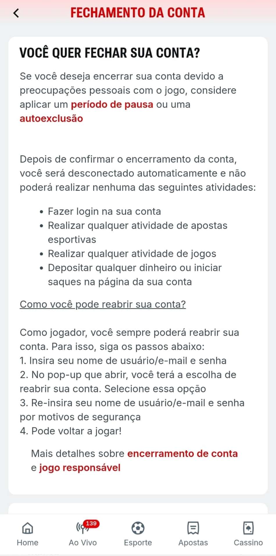 Captura de tela da página de Fechamento de Conta na Superbet.