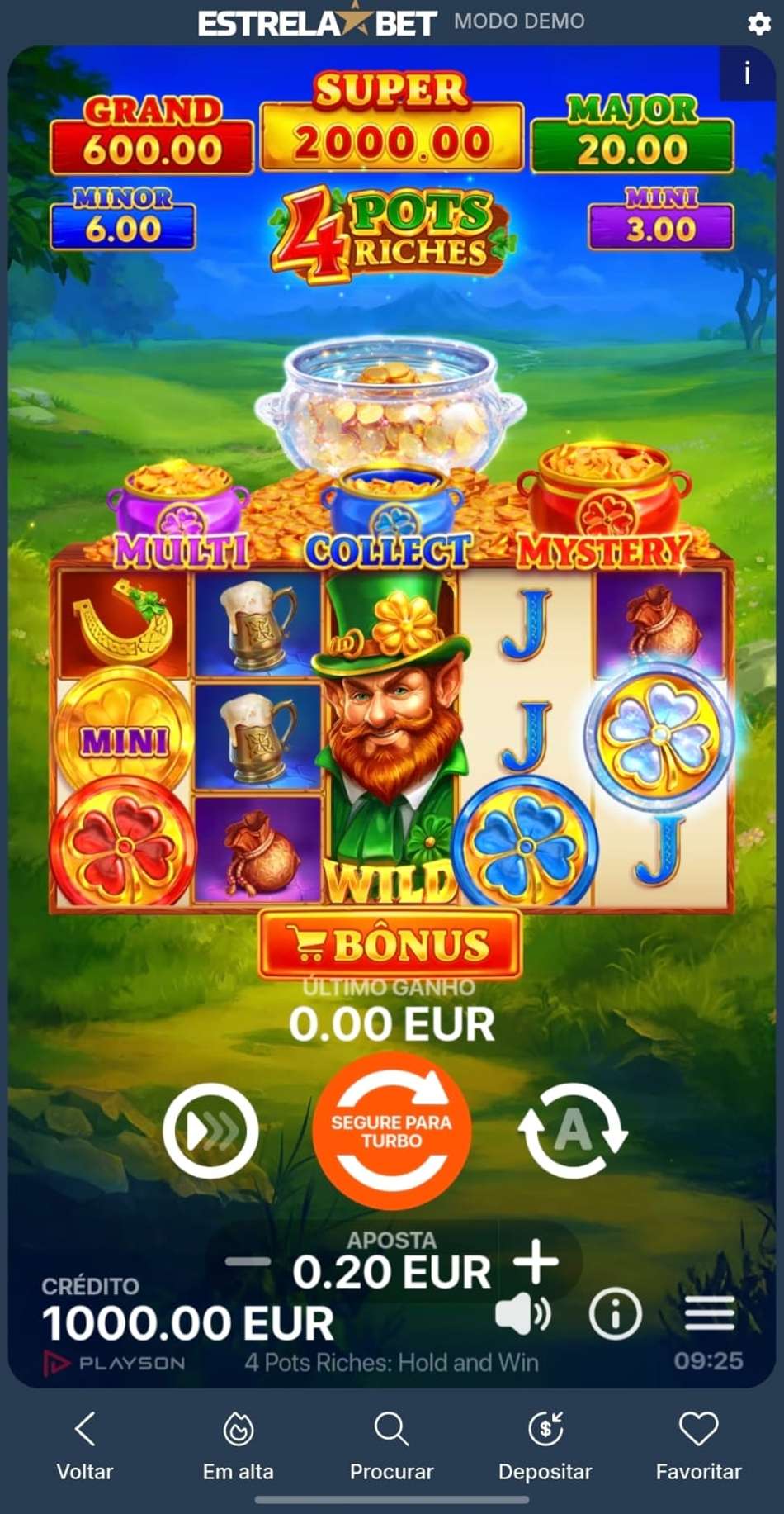 Captura de tela da sessão de jogo no 4 Pots Riches Hold and Win no site oficial da EstrelaBet.