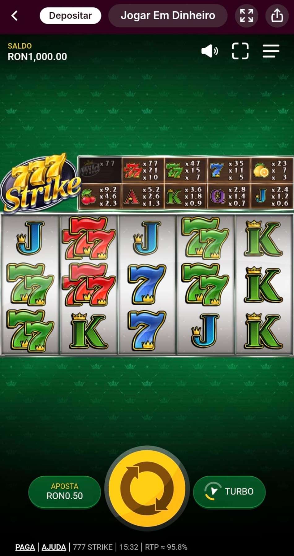 Captura de tela do slot 777 Strike sendo jogado no cassino da Superbet.
