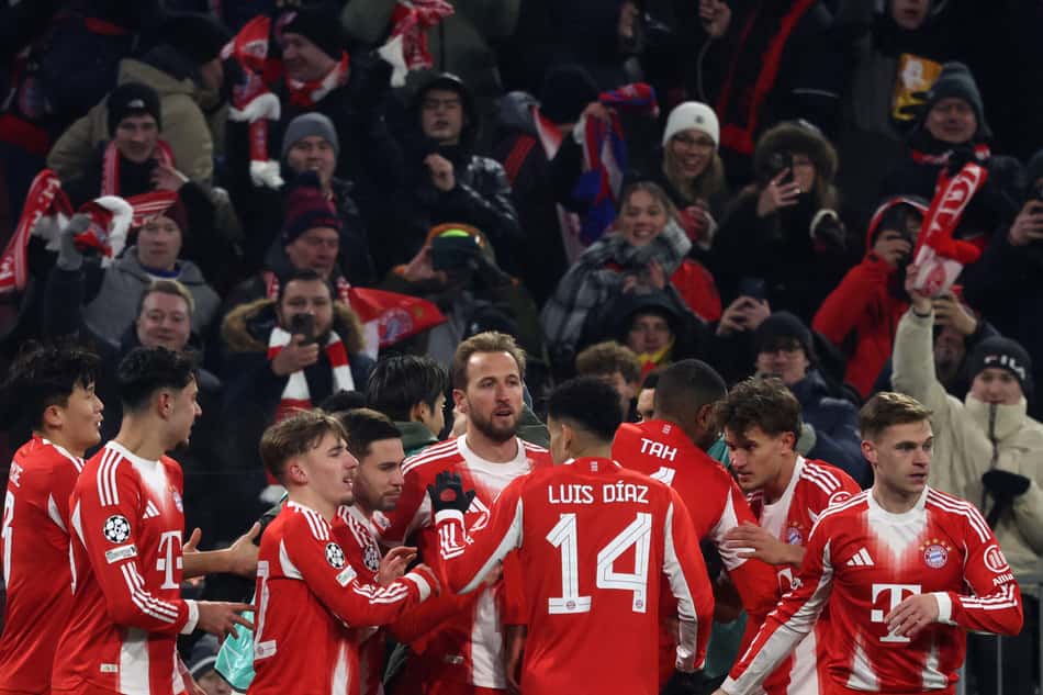 Jogadores do Bayern de Munique comemoram gol na partida contra o Union Saint-Gilloise, na Champions League (Foto: Karl-Josef HILDENBRAND / AFP)