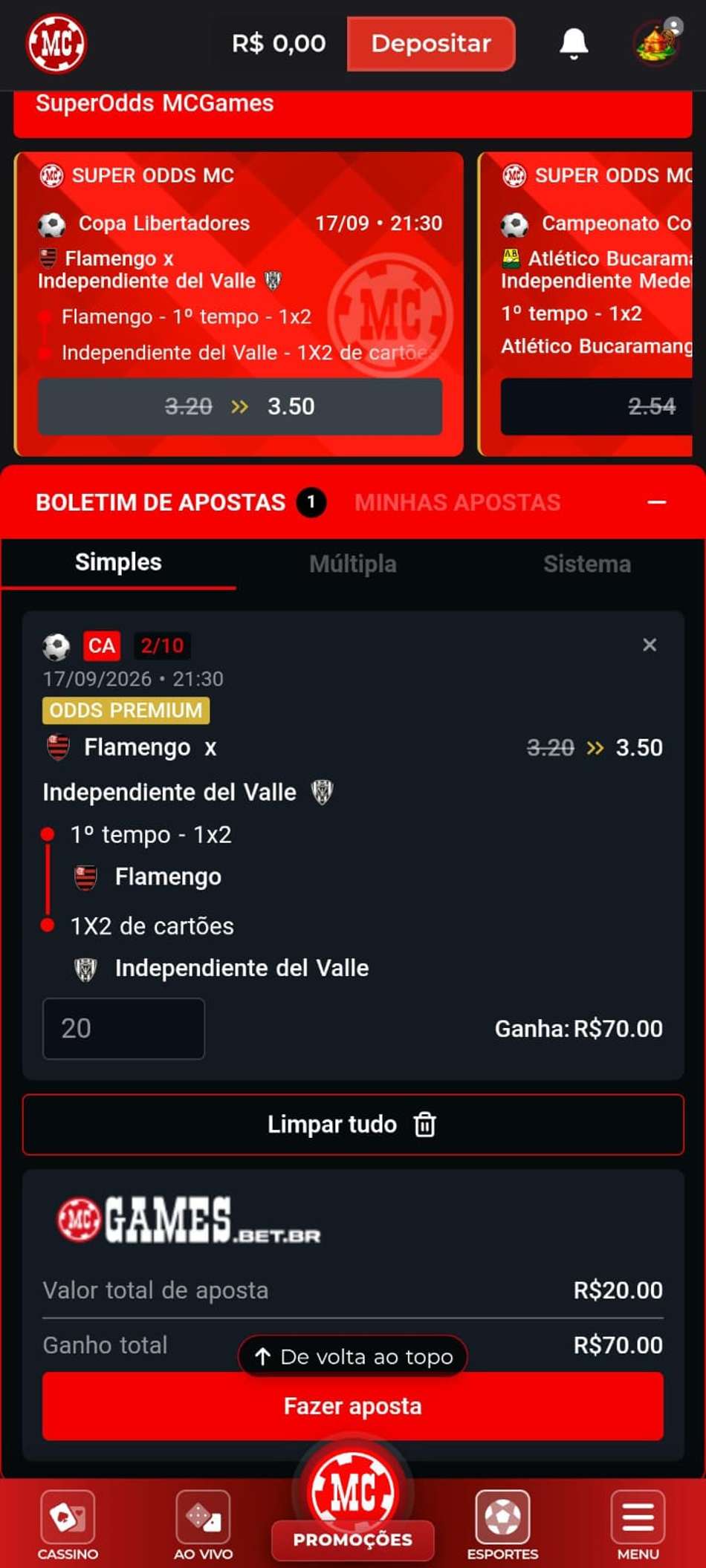 Captura de tela do bilhete de apostas da MC Games.