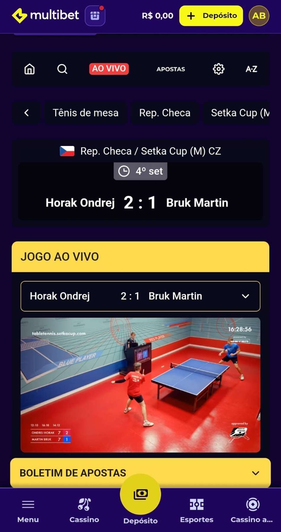 Captura de tela da função Live Stream da Multibet.