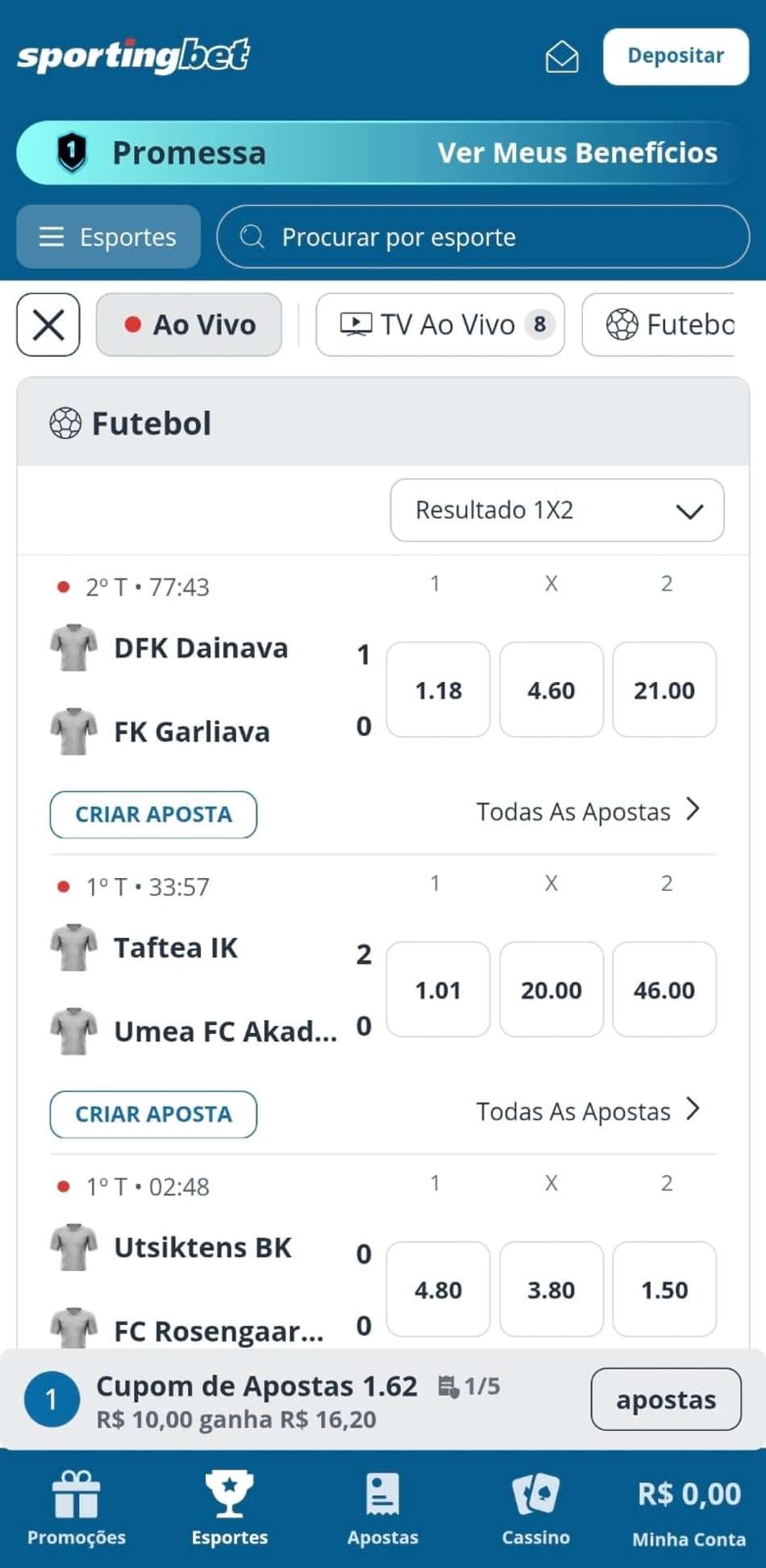 Captura de tela da seção de apostas esportivas ao vivo na Sportingbet.