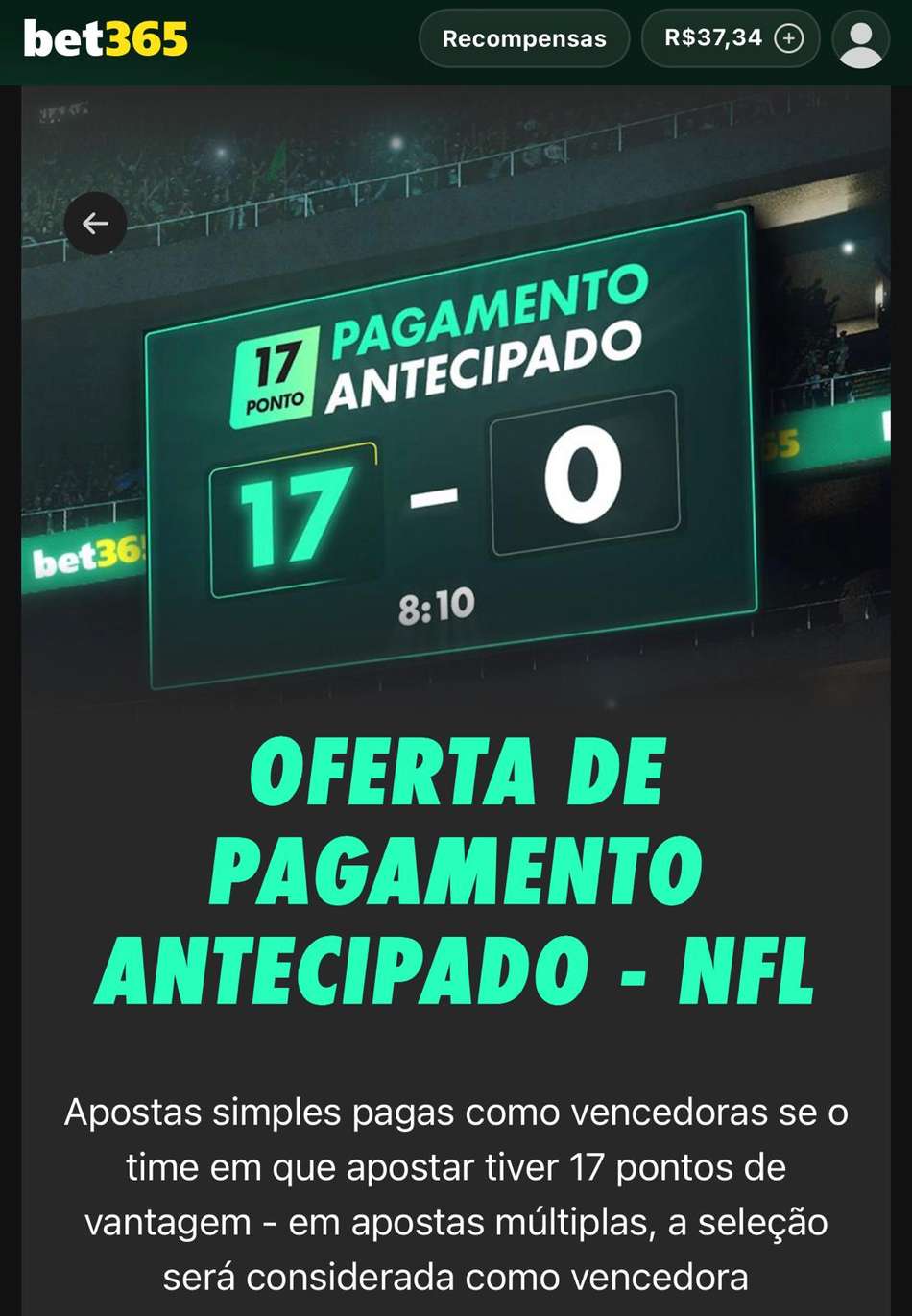 Captura de tela do Pagamento Antecipado em apostas na NFL na bet365.