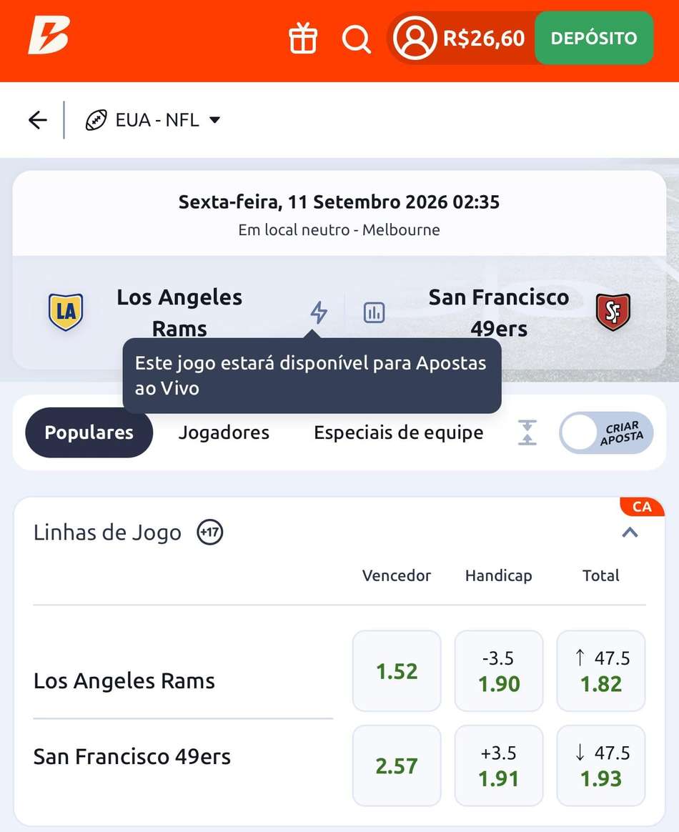 Captura da tela de apostas na NFL no app da Betano.