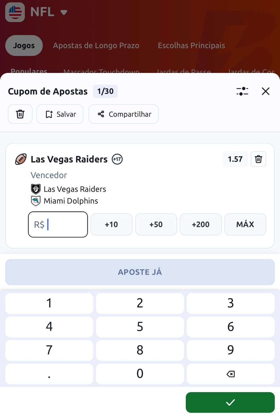 Captura de tela mostra bilhete de apostas na NFL na Betano.