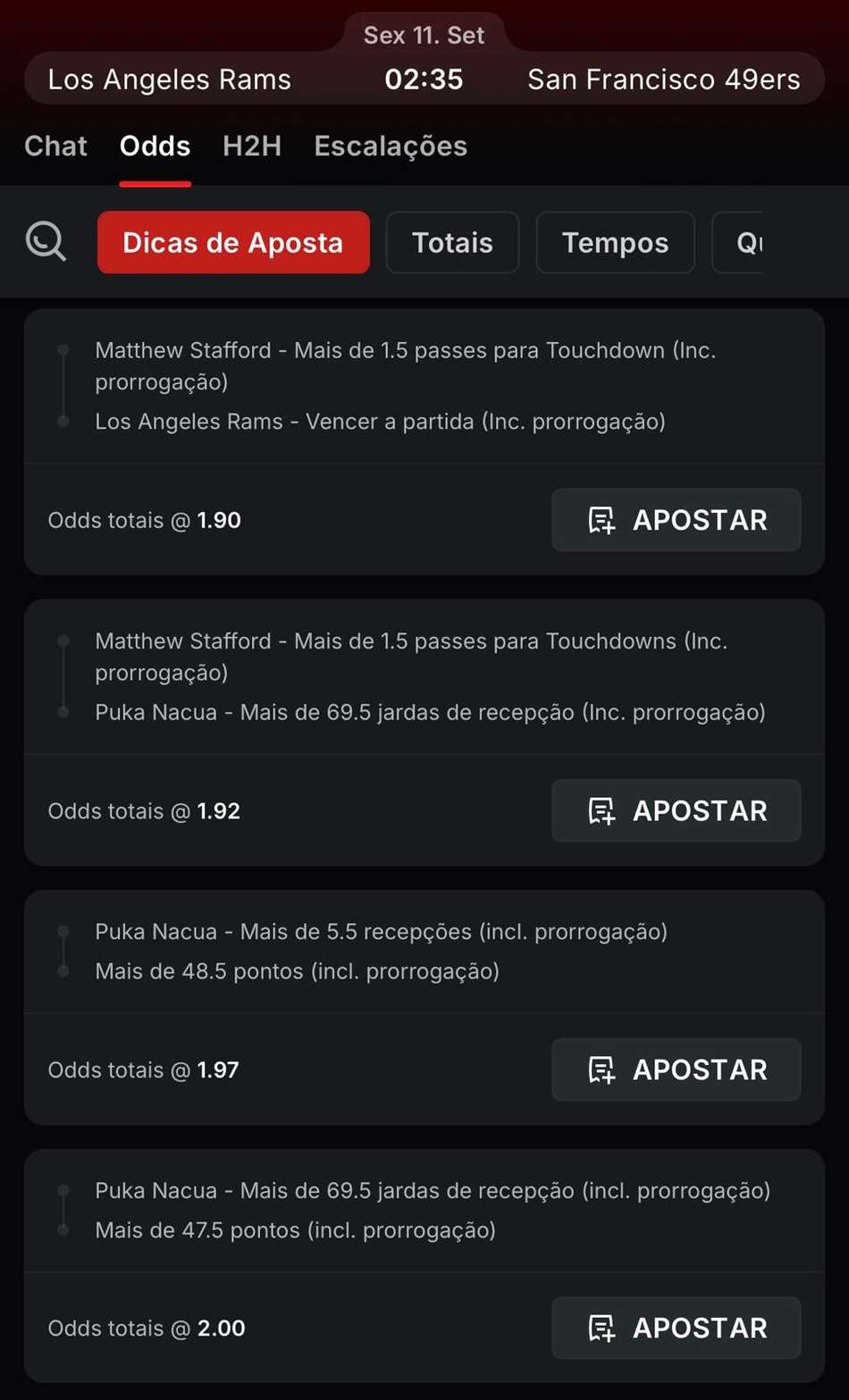 Captura de tela das dicas de apostas na NFL na Superbet.