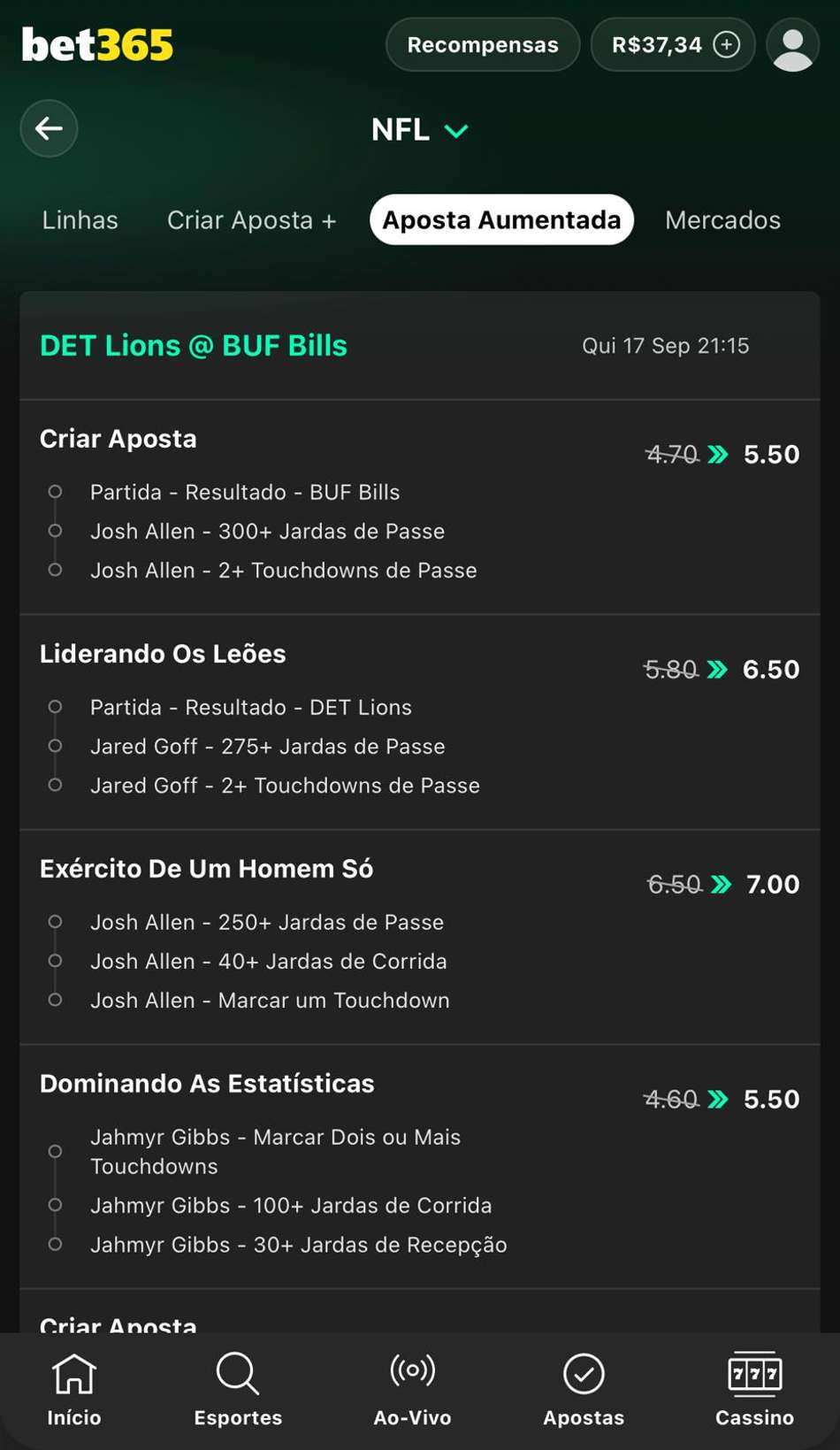 Captura de tela exibe jogos com Aposta Aumentada na bet365.