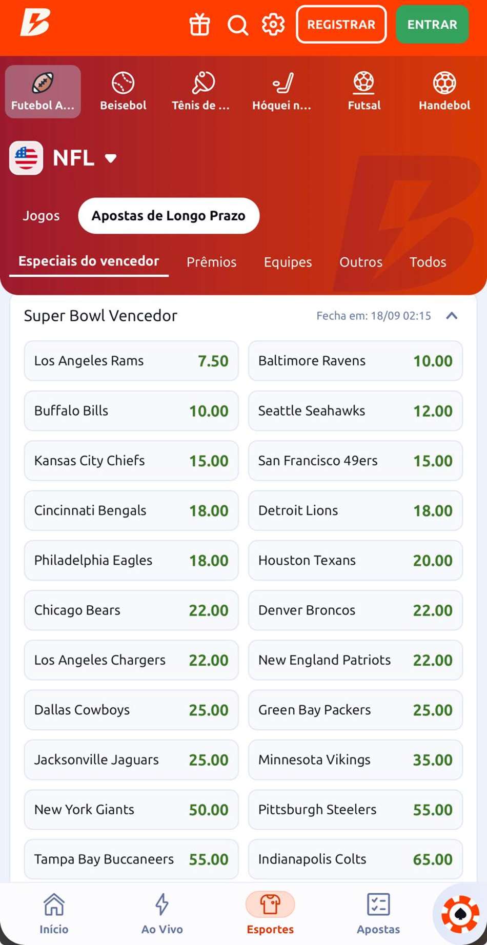 Captura de tela com mercados de longo prazo em apostas no Super Bowl na Betano.