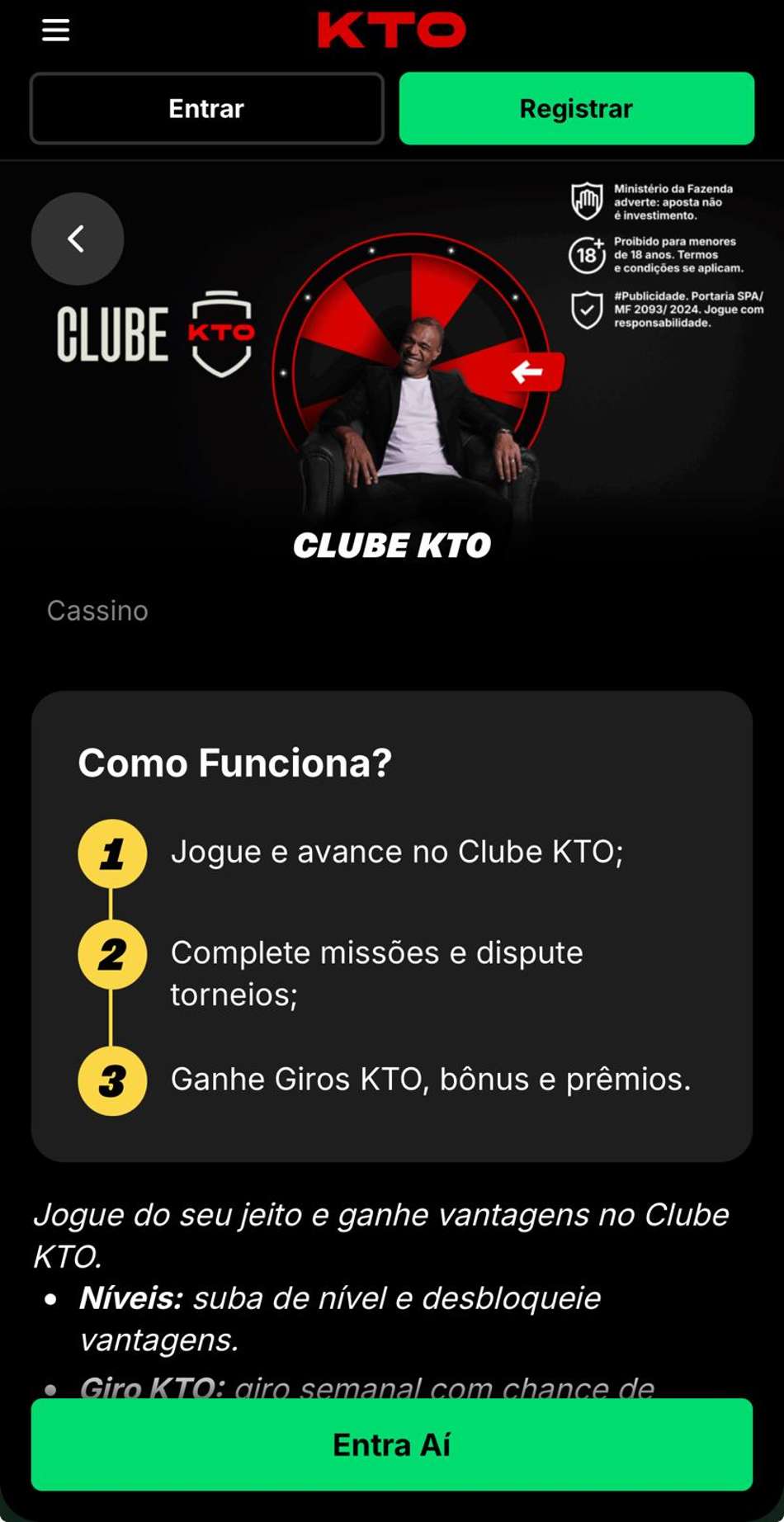Captura de tela exibe a página promocional do Clube KTO.