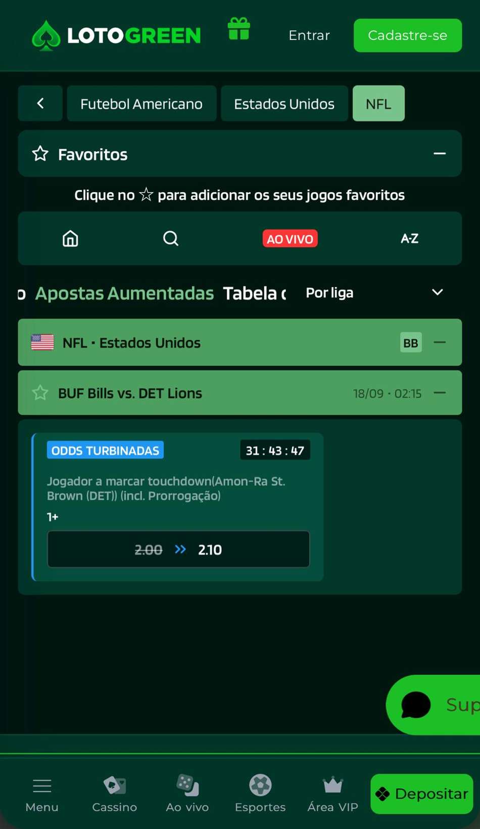Captura de tela existe as Apostas Aumentadas na Lotogreen.