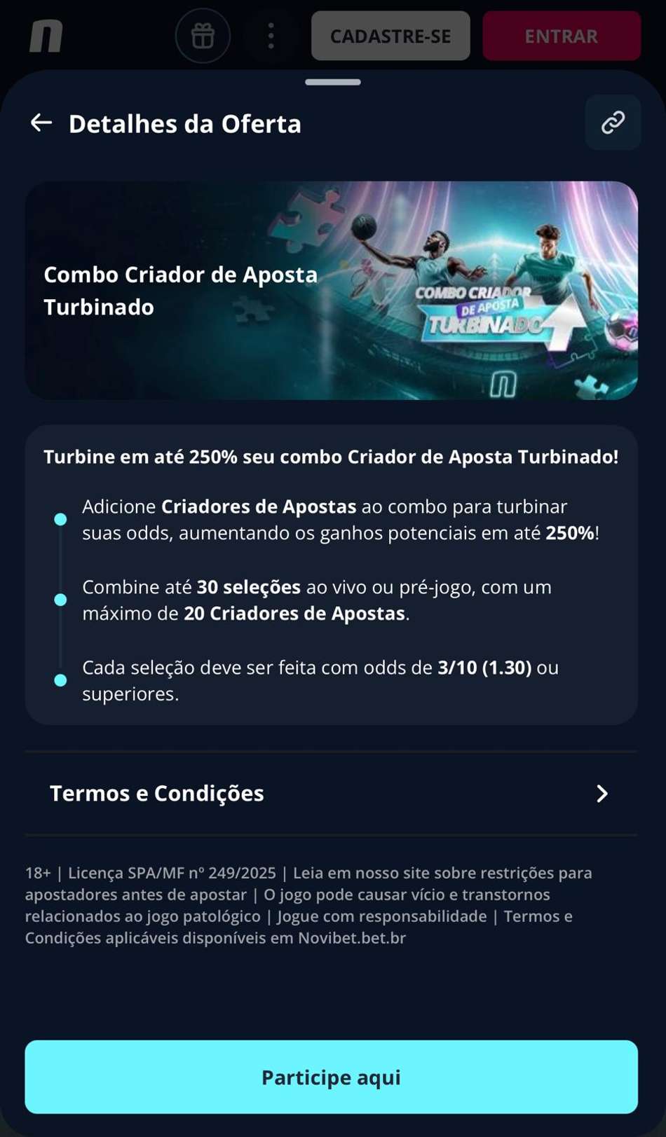 Captura de tela exibe o Criador de Aposta Turbinado na Novibet, disponível para apostas no Super Bowl.