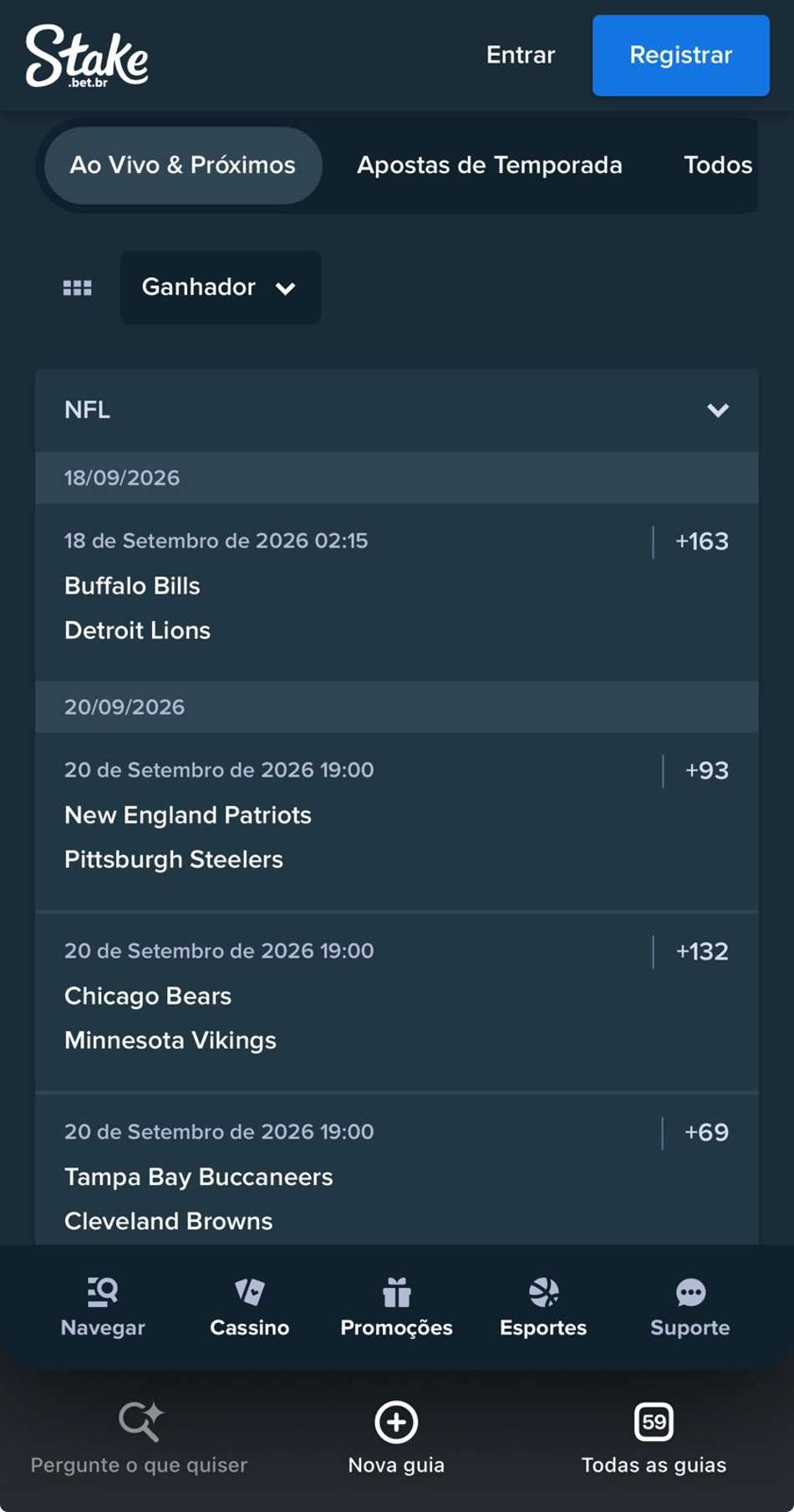 Captura de tela exibe a página de apostas no futebol americano na Stake.
