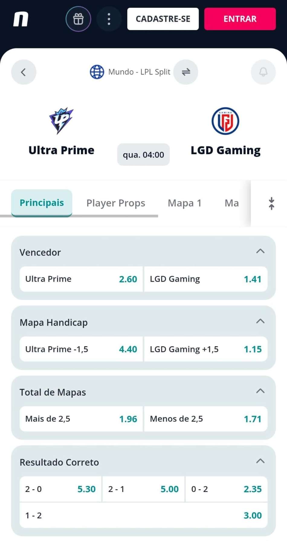 Captura de tela do app de apostas Novibet com apostas em League of Legends.