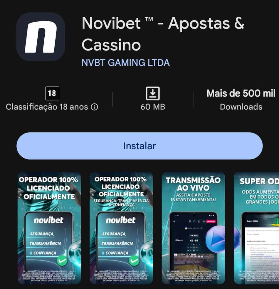 Captura de tela do aplicativo da Novibet para Android.