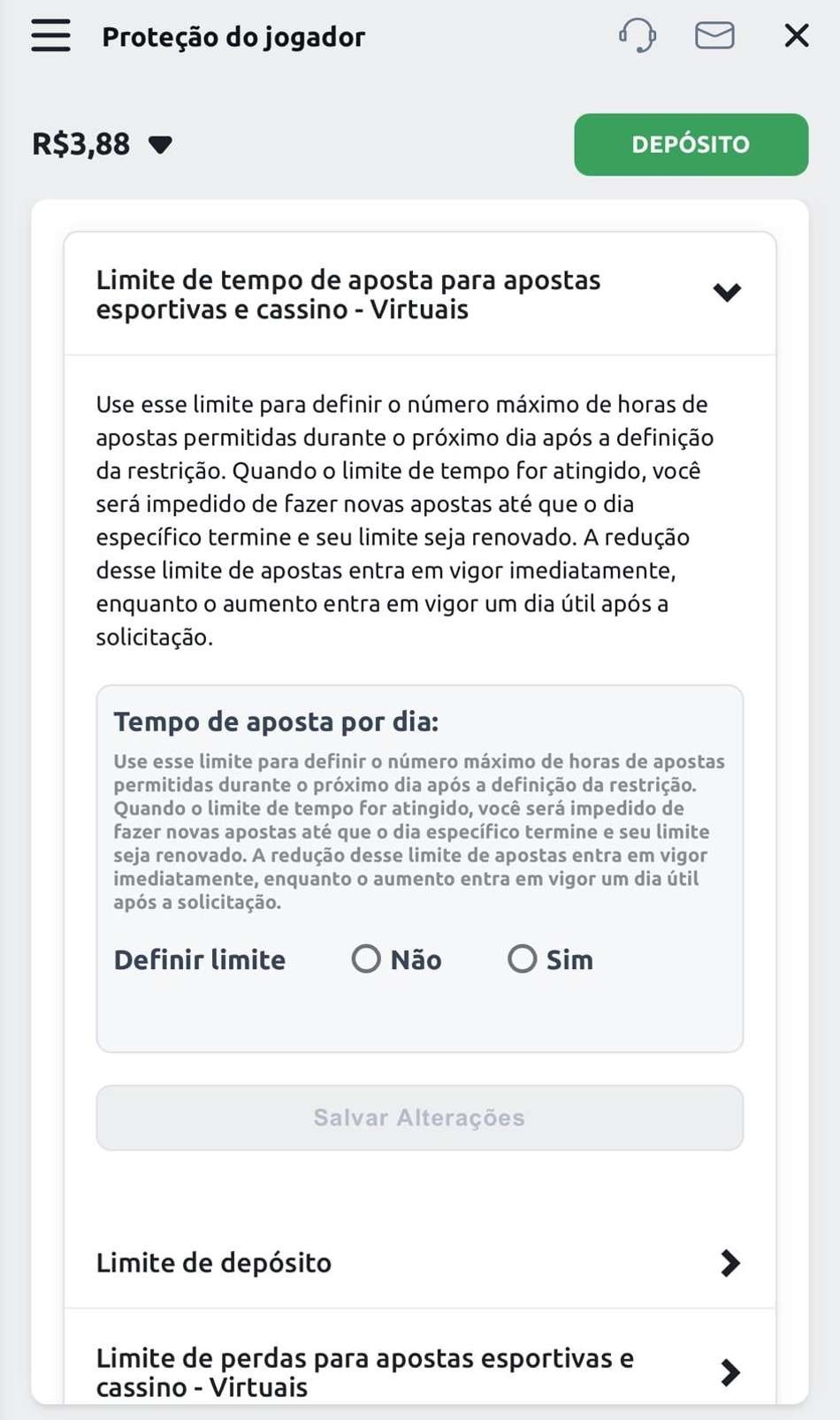  Captura da tela de limites de aposta na Betano.