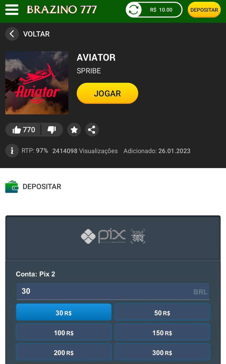 Captura de tela da Brazino777 exibindo a seção do jogo Aviator na plataforma de apostas.