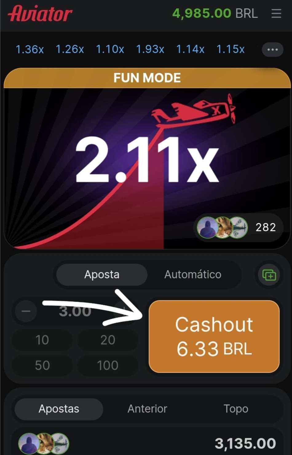 Captura de tela da versão demonstrativa do Aviator com uma aposta ativa e botão de cashout disponível.