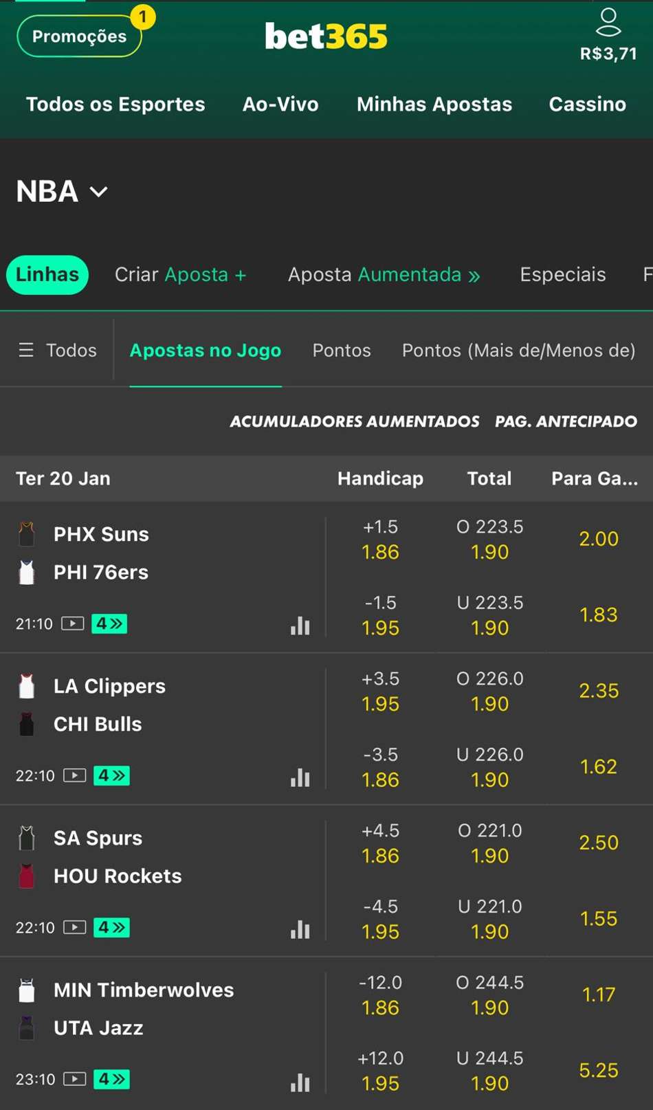 Captura de tela de apostas na NBA na bet365, com odds relativas ao momento do print.