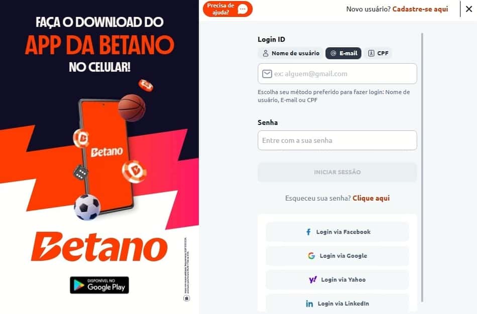 Captura da tela de login na Betano pelo computador.