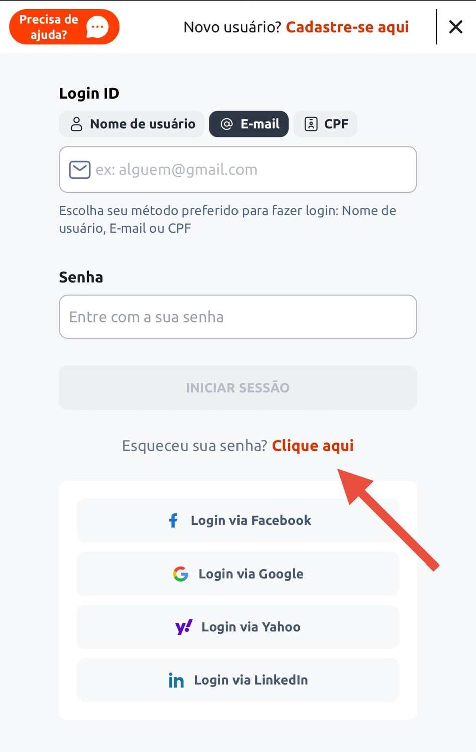 Captura da tela recuperação de senha na Betano.