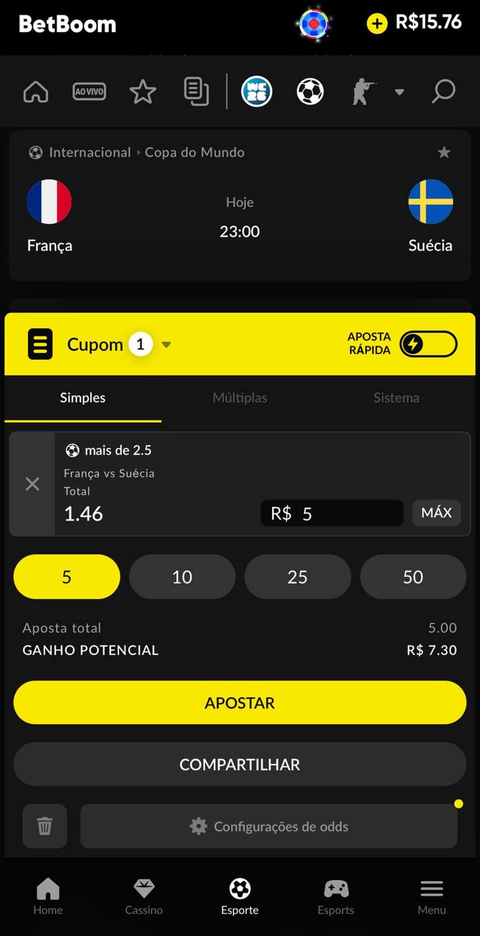 Captura de tela do cupom de apostas após fazer o cadastro na BetBoom.