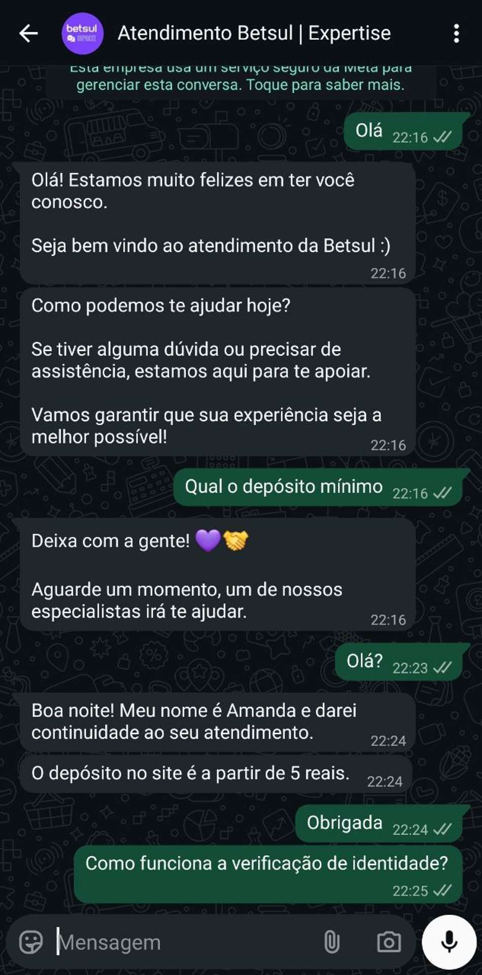Chat ao vivo do suporte Betsul informando depósito mínimo