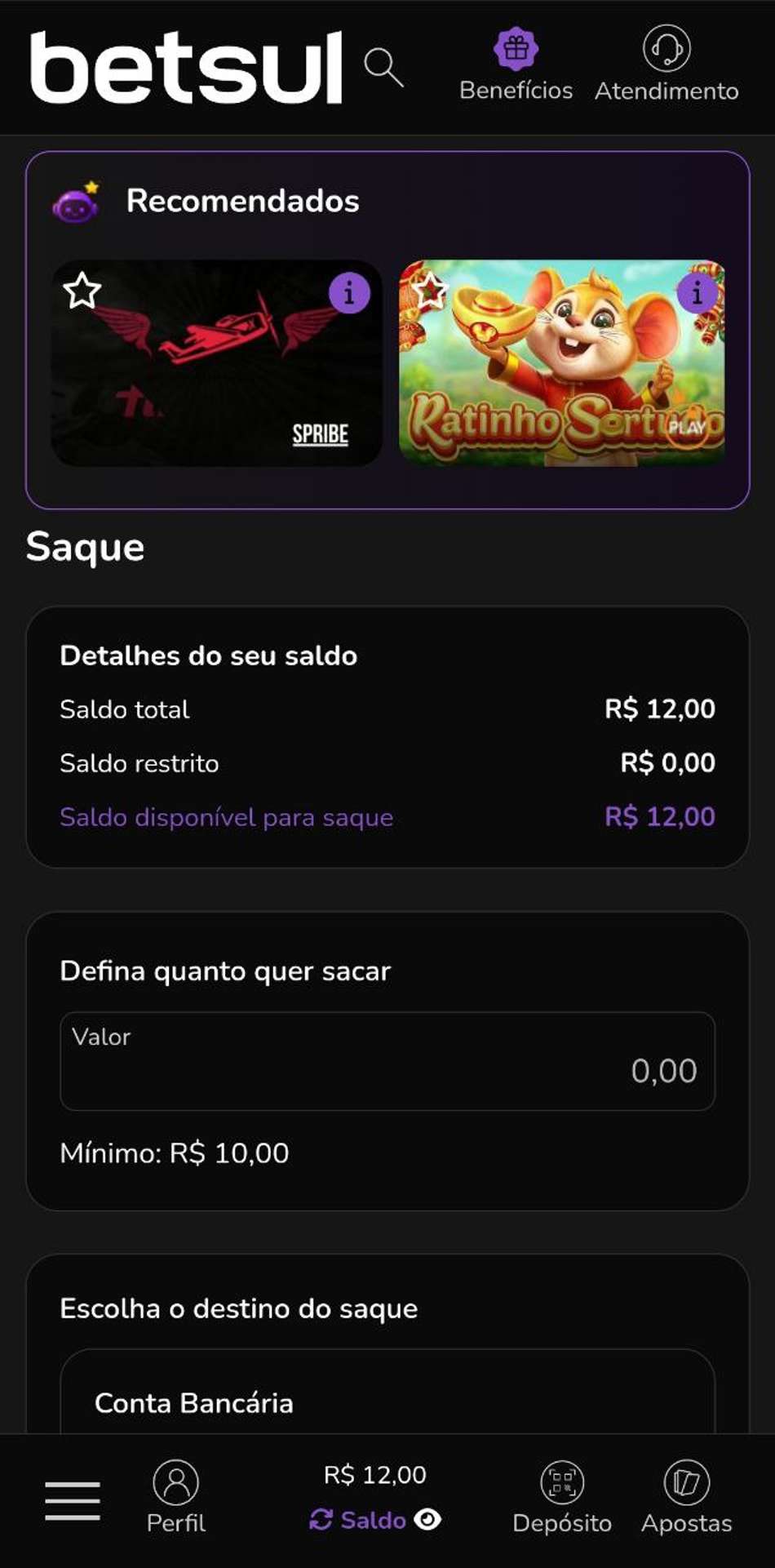 Tela de saque na Betsul mostrando saldo disponível via Pix
