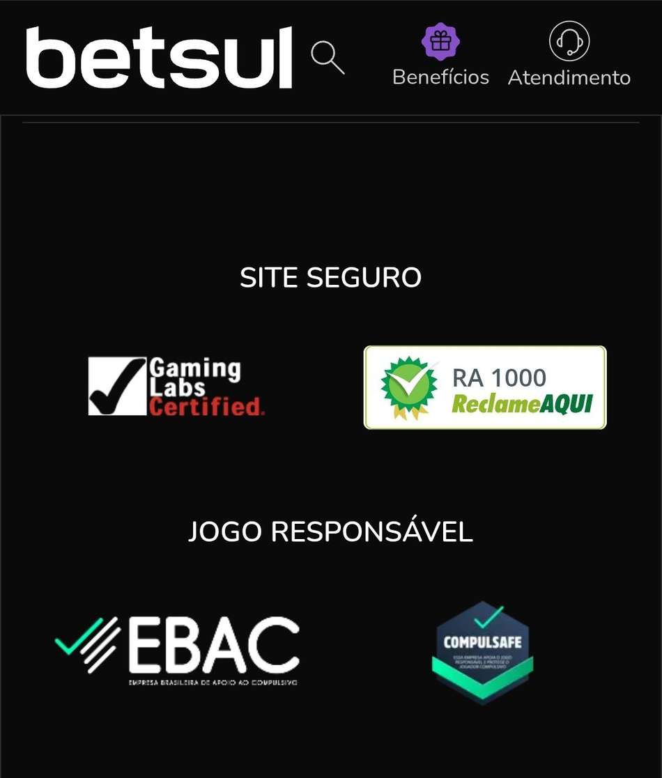 Selos de segurança e jogo responsável da Betsul exibidos no site