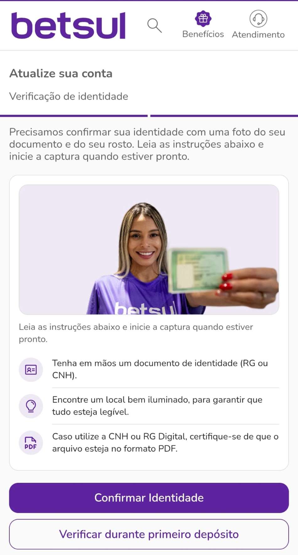 Captura de tela da verificação de identidade obrigatória no site da Betsul.