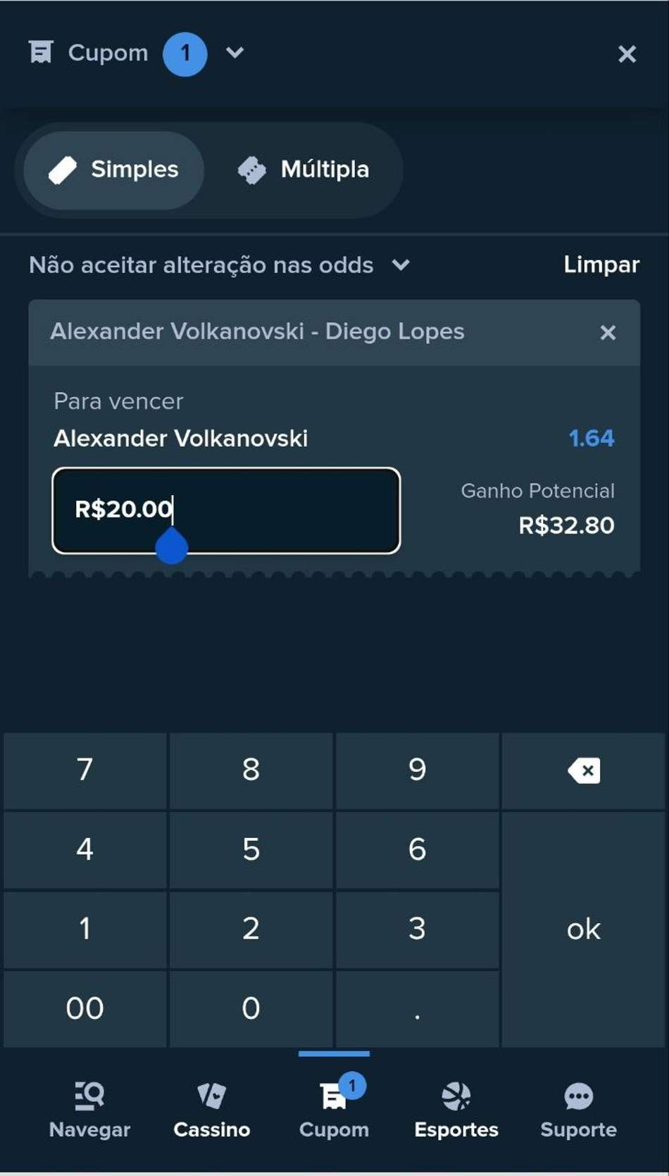 Bilhete de aposta simples no UFC pela Stake
