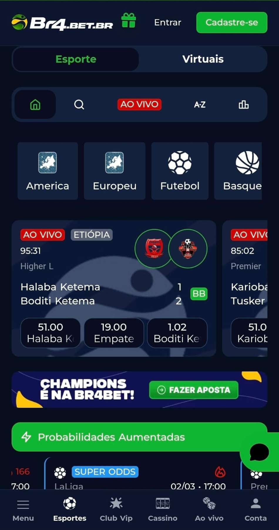 Captura de tela da página inicial da BR4BET com os jogos da semana, odds e botões de login/cadastro.
