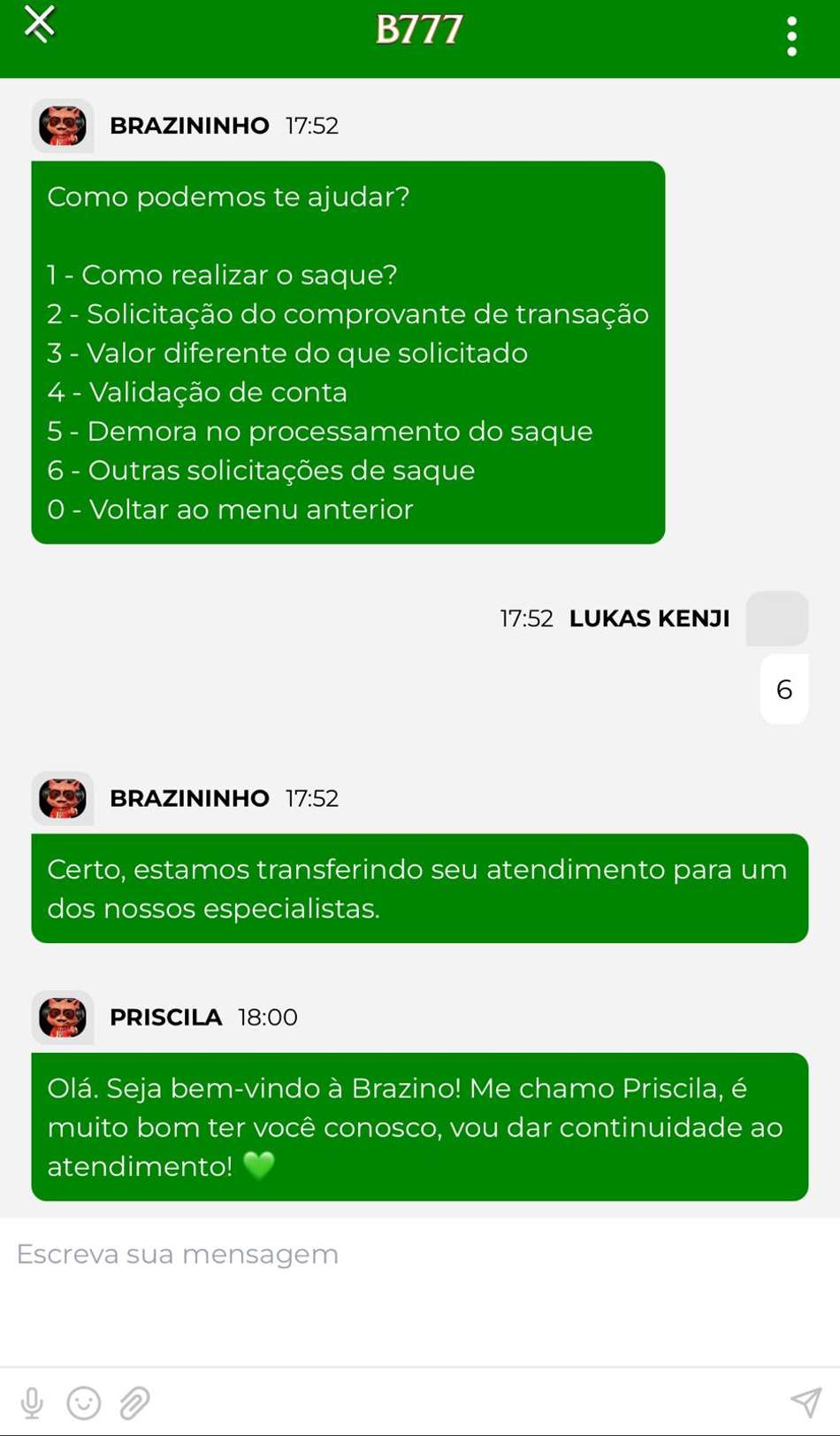 Captura da tela de atendimento da Brazino777 via chat ao vivo.