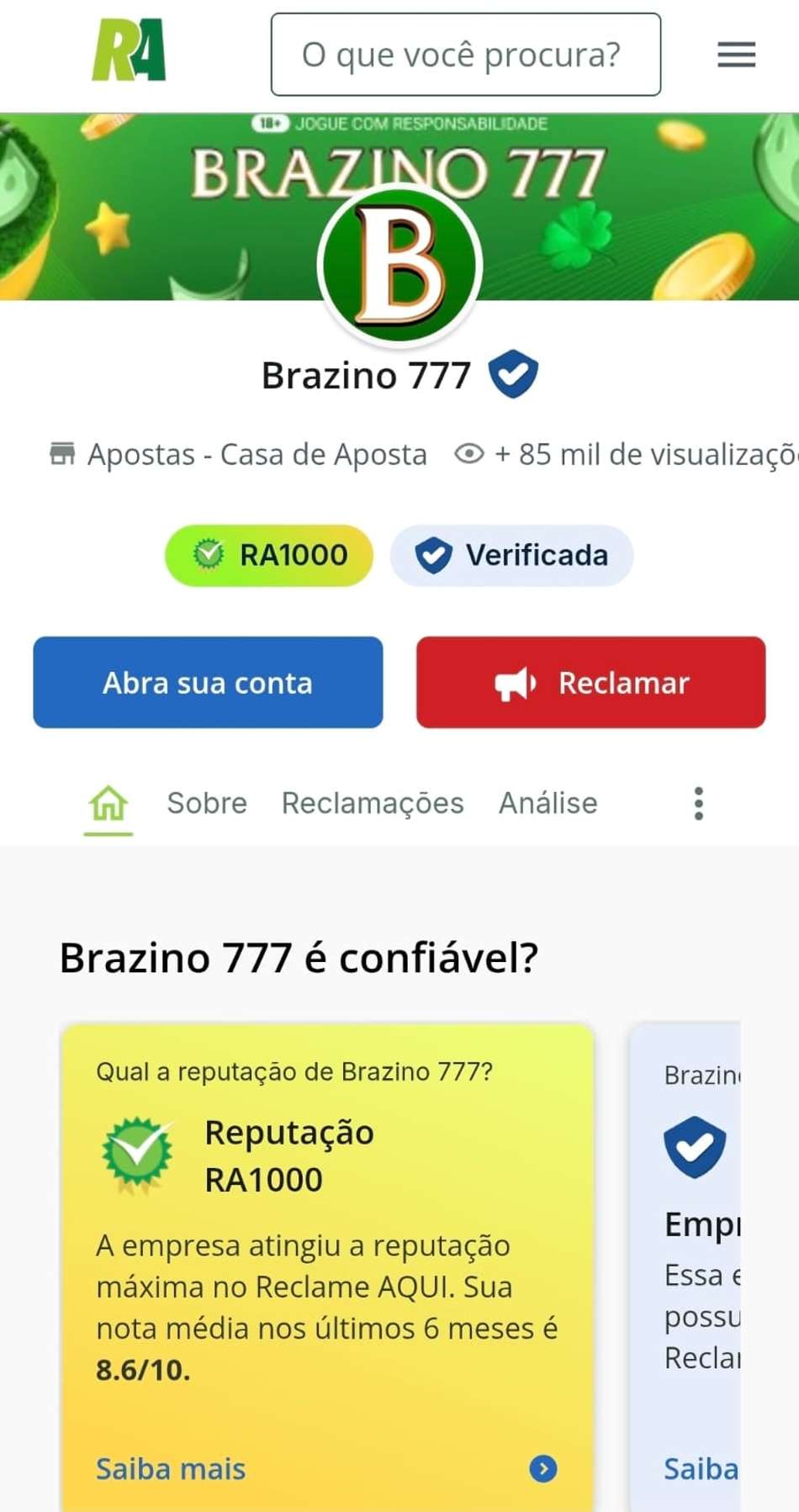 Captura de tela da página da Brazino777 no Reclame Aqui exibindo o selo de confiabilidade RA1000.