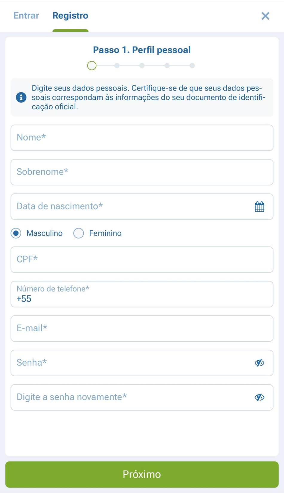 Captura da tela de cadastro sem o código 1xbet.