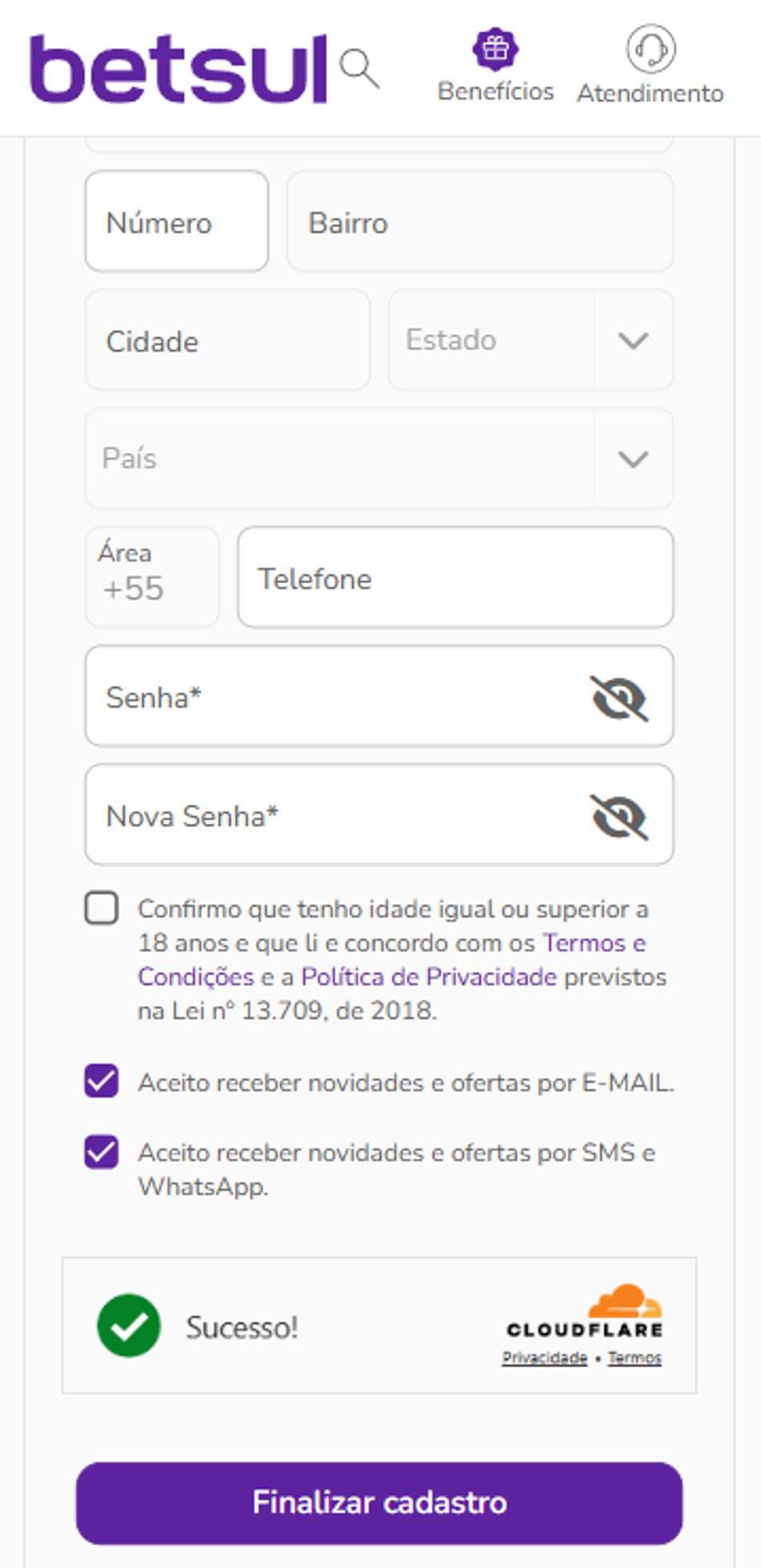 Formulário de cadastro da Betsul com campos de dados pessoais