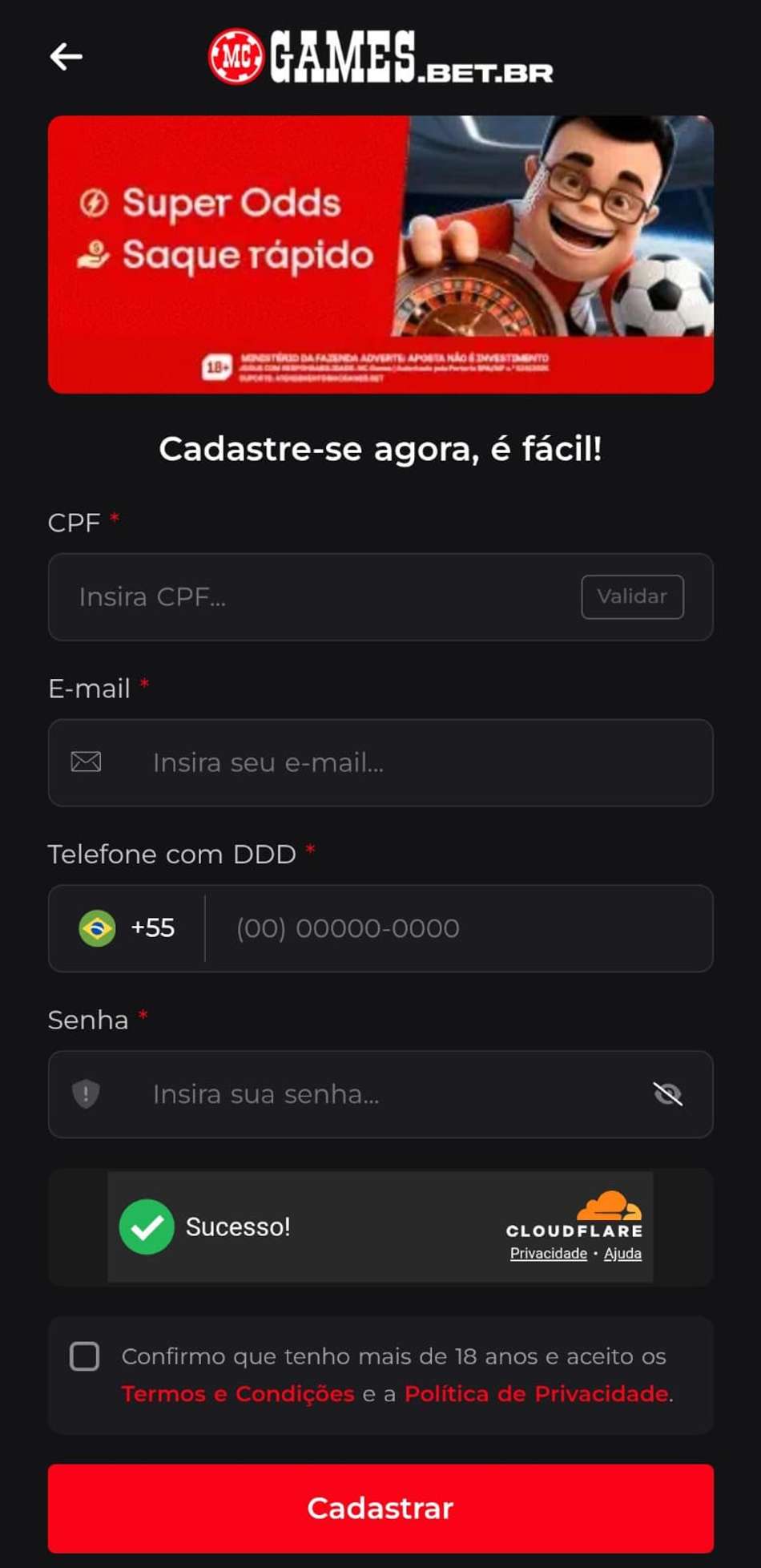 Captura de tela do formulário de cadastro da MC Games.