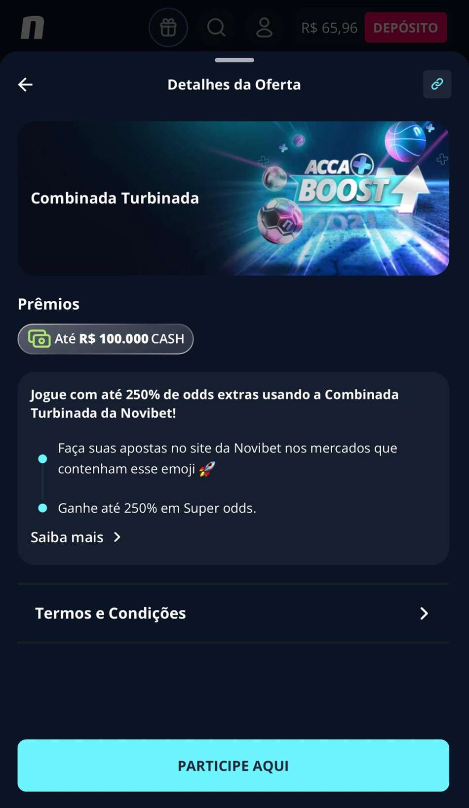 Captura de tela da promoção Combinada Turbinada na Novibet.