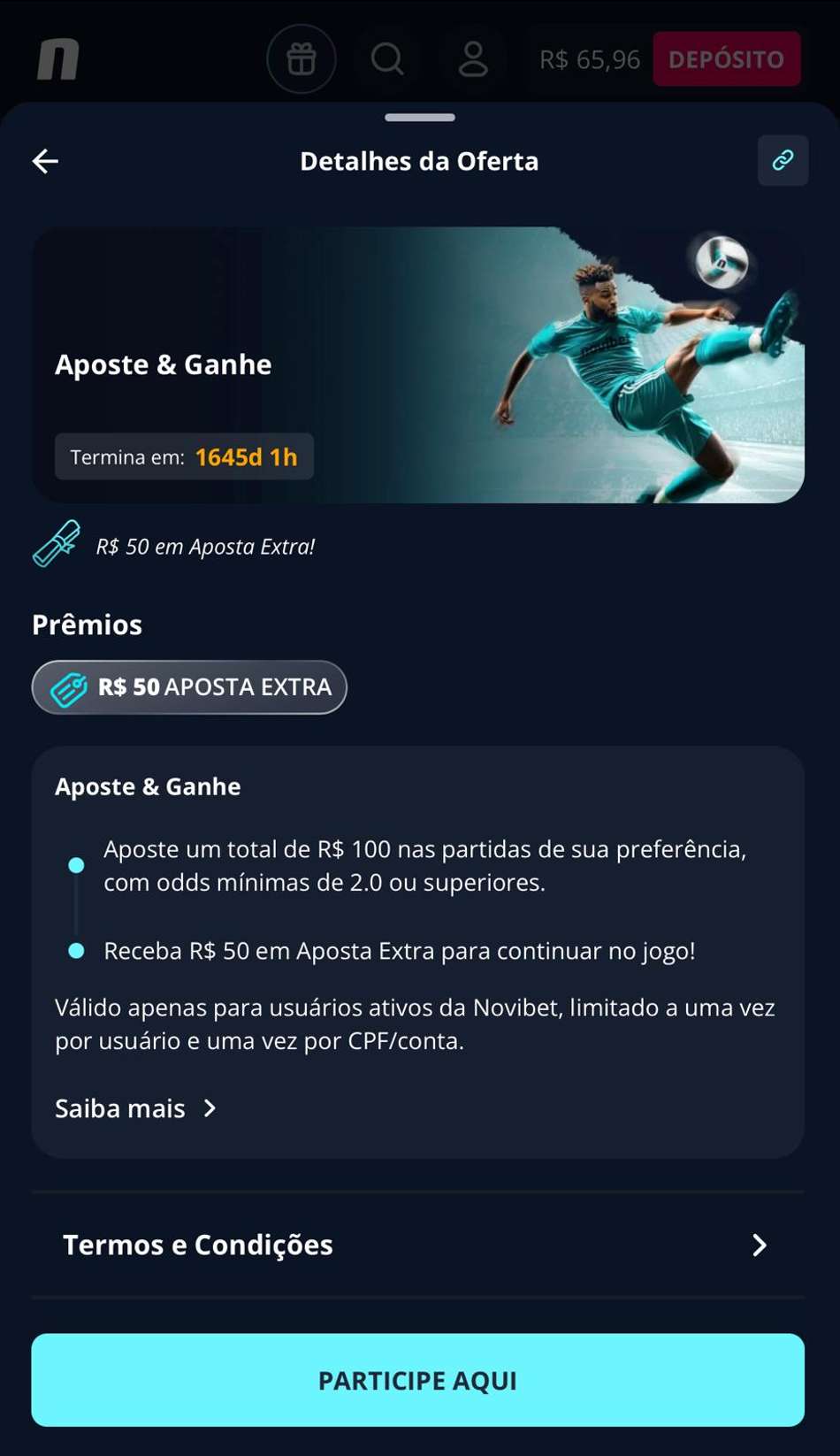 Captura de tela da promoção "Aposte & Ganhe" na Novibet.