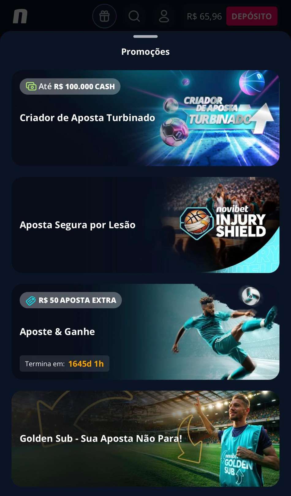 Captura da tela de recursos em apostas esportivas ao fazer cadastro na Novibet.