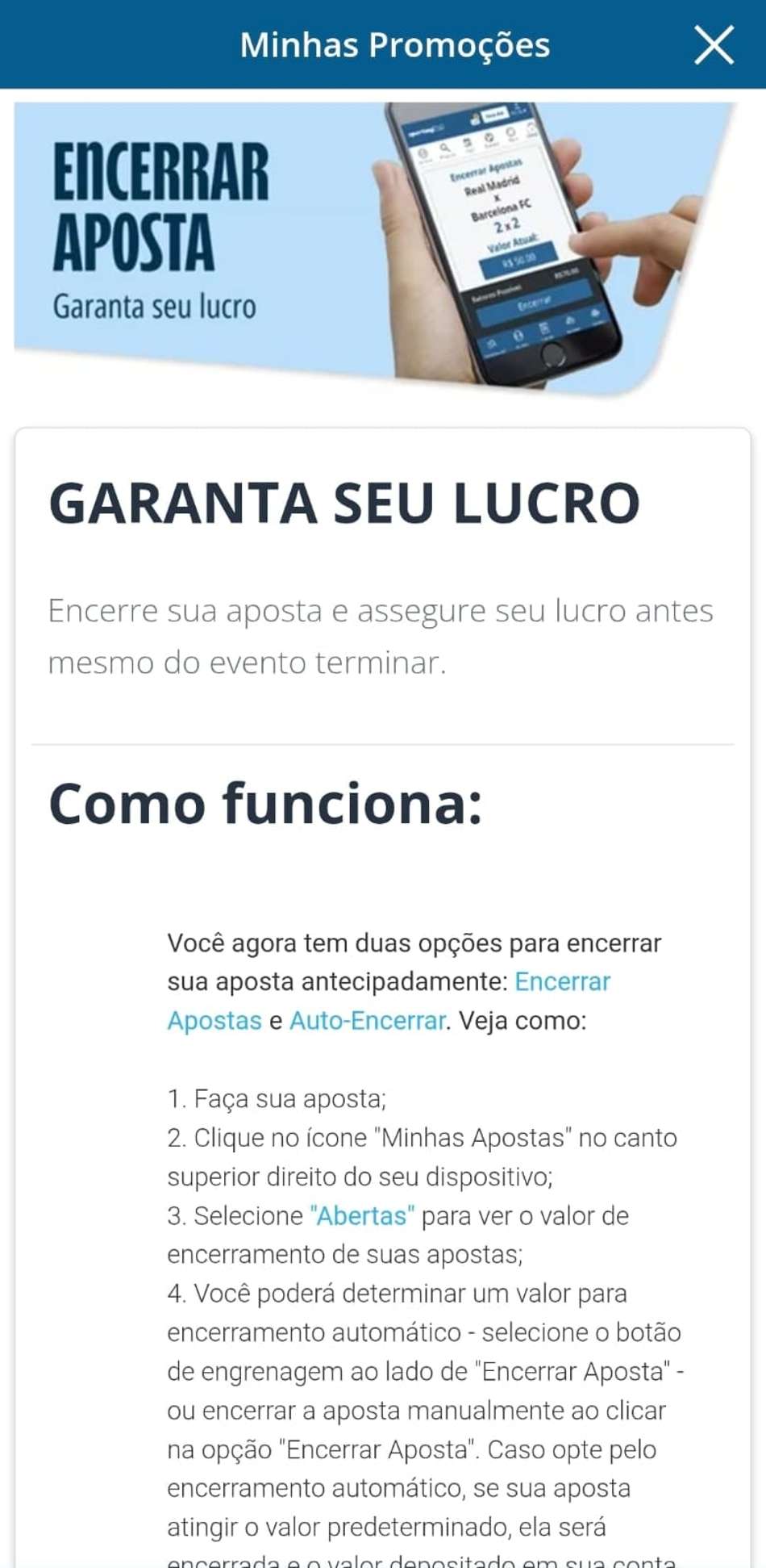 Captura de tela da ferramenta de Cash Out na Sportingbet exibindo os detalhes do funcionamento.