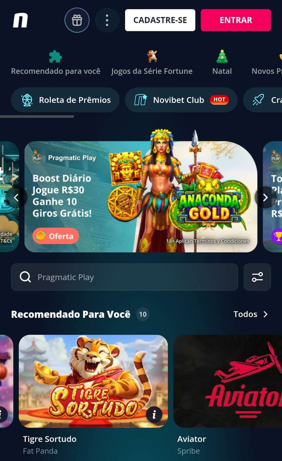Captura de tela do app de cassino da Novibet