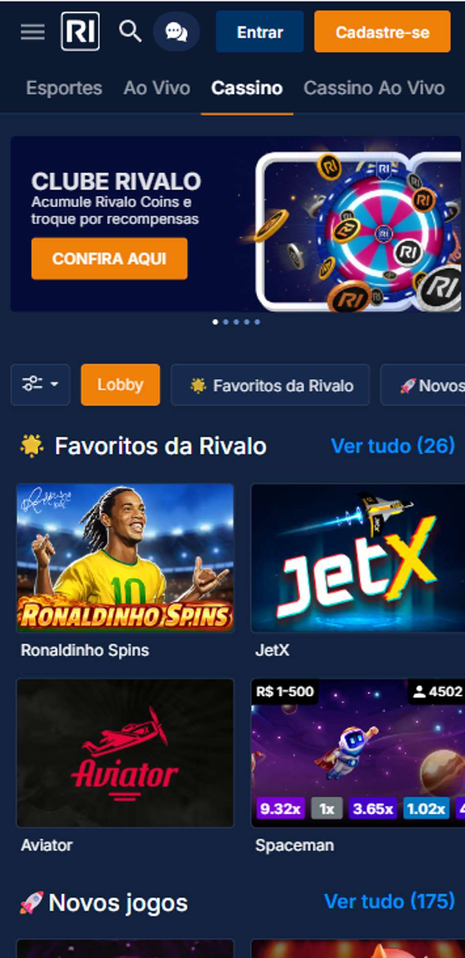 Seção de cassino da Rivalo com jogos populares em destaque