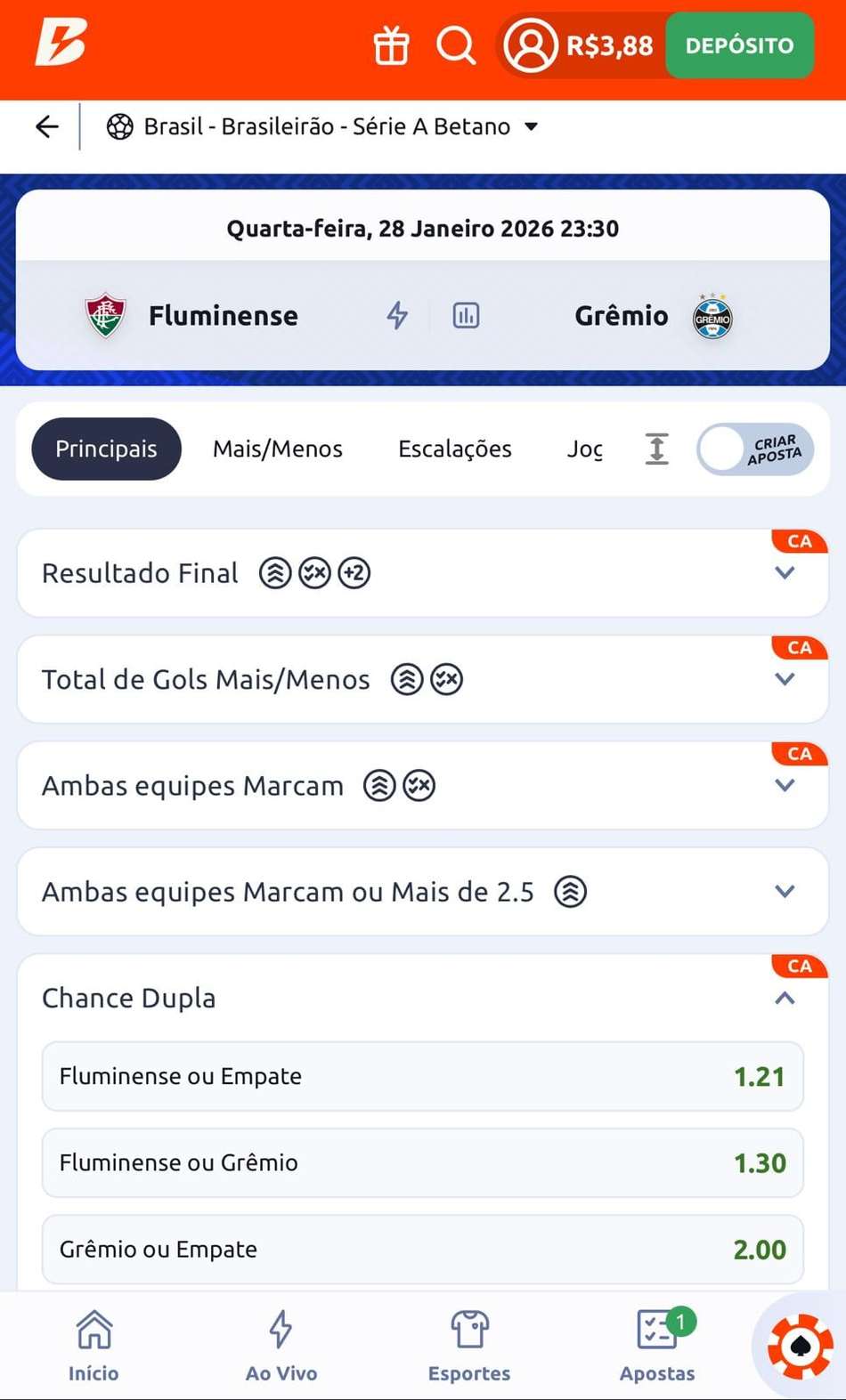 Captura de tela mostra o mercado de Chance Dupla na Betano.